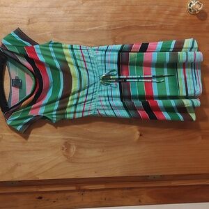 ☀️ Gabby Skye Retro Cowl Neck Sundress Aqua Rainbow Stripe Tie Waist Summer 10